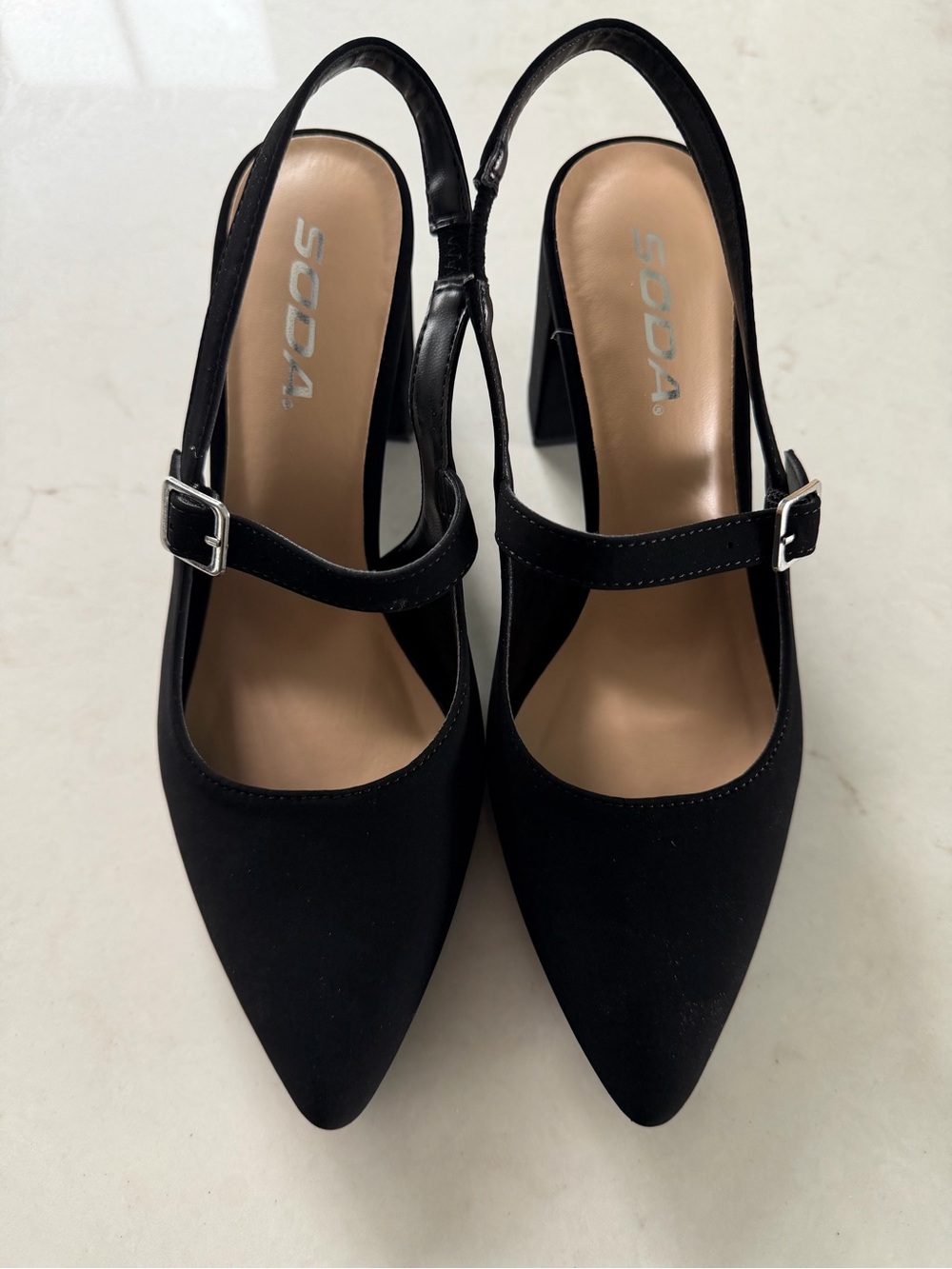 Soda Black Pointed Mary Jane Slingback Heels with Buckle - NWT